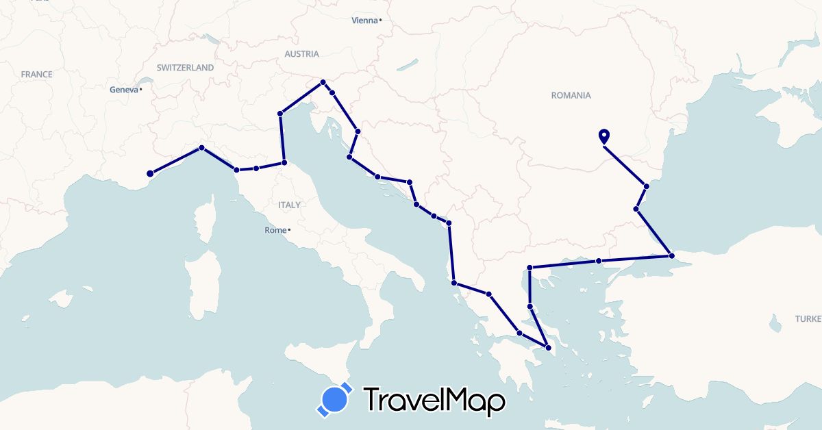 TravelMap itinerary: driving in Albania, Bosnia and Herzegovina, Bulgaria, France, Greece, Croatia, Italy, Montenegro, Romania, Slovenia, San Marino, Turkey (Asia, Europe)